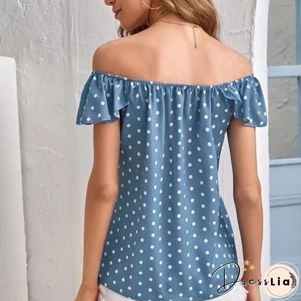 Summer Fashion Casual Print Dot Blouse Women Off Shoulder Short Sleeve Blue Tees Black Mujer Tops Lady Shirts Blouses New
