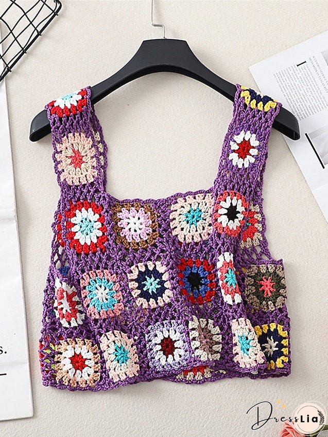Women's Sweater Vest Jumper Crochet Knit Embroidered Hole Floral Square Neck Stylish Sexy Daily Holiday Summer Spring