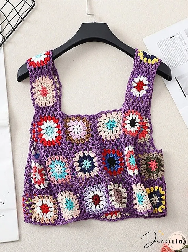 Women's Sweater Vest Jumper Crochet Knit Embroidered Hole Floral Square Neck Stylish Sexy Daily Holiday Summer Spring