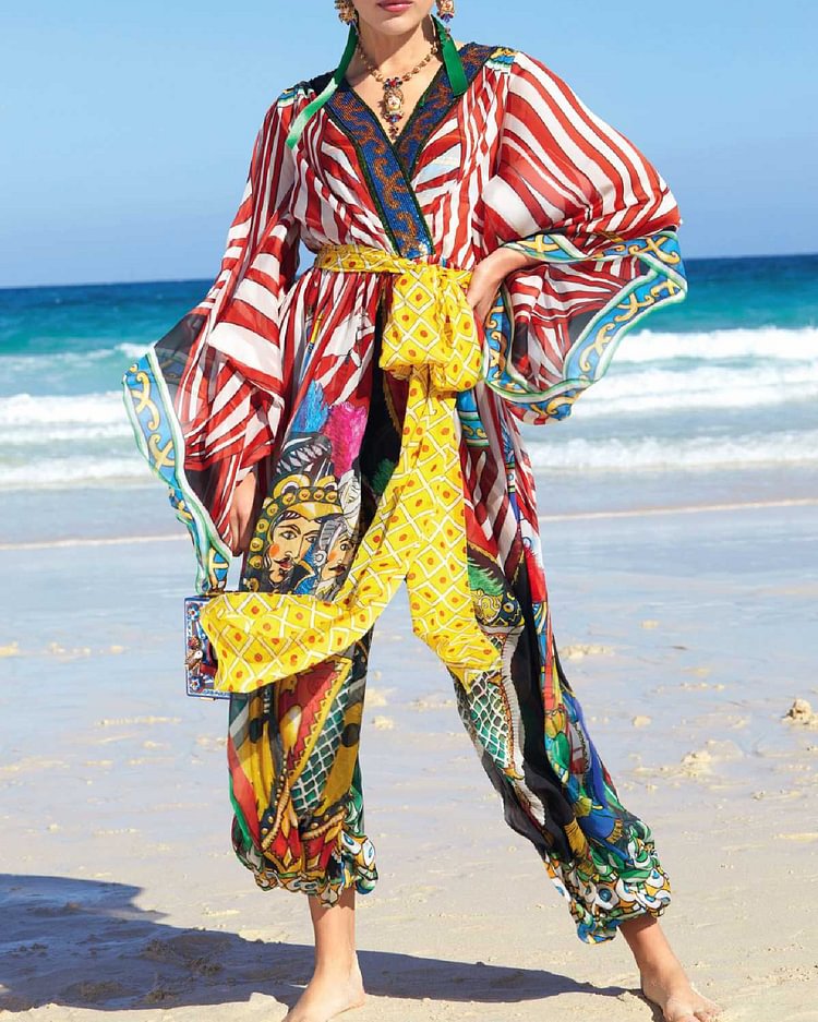 Casual Colorful Striped Print Tie Loose Jumpsuit