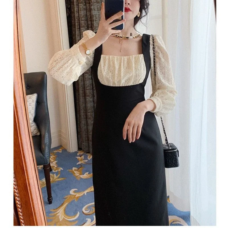 Graduation Gifts Billlnai 2023 Autumn Lace Vintage Black Midi Dress Women Sweet Elegant Evening Party Dress Female Casual Slim One Piece Dress Korean Chic