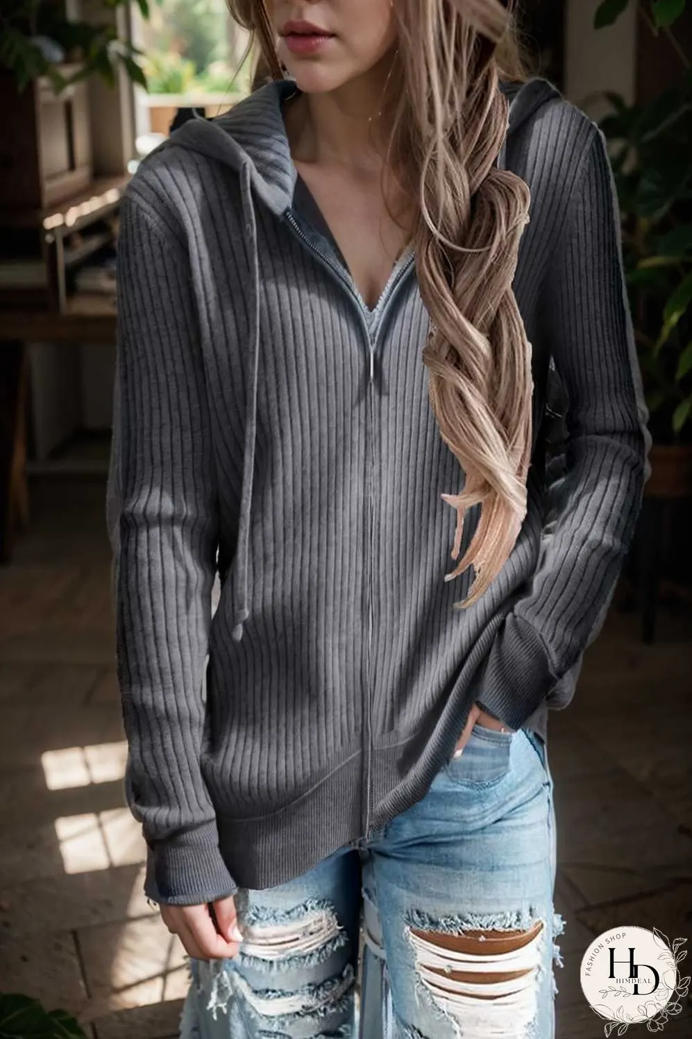 casual zip cardigan long sleeve knit hoodie shirt drop shoulder v neck closed jewel