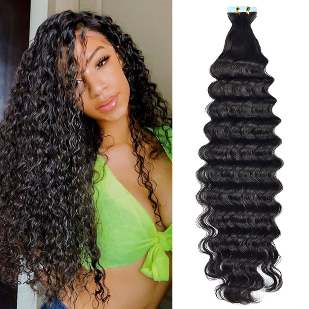 12A Deep Wave Tape in Hair Extension Human Hair 2Packs 40pcs/100g