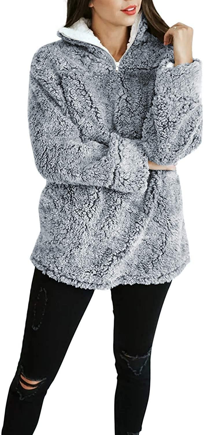 Autumn Winter Long Sleeve Zipper Sherpa Fleece Sweatshirt Pullover Jacket Coat of women