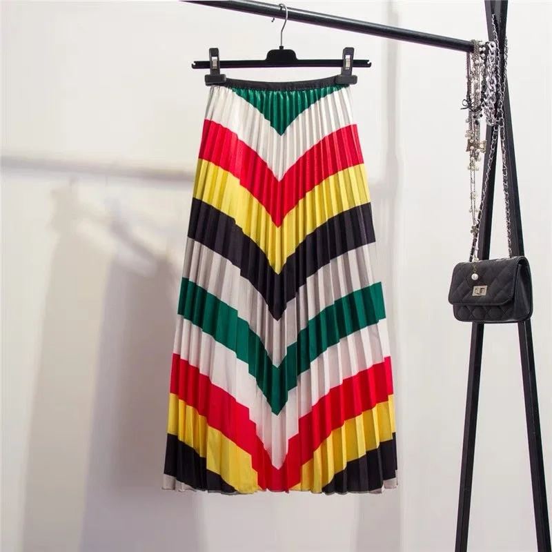 Marwin 2019 Spring New-Coming Color Matching Striped Pleated skirt High Street Style Mid-Calf Empire Soft Fashion Women Skirts