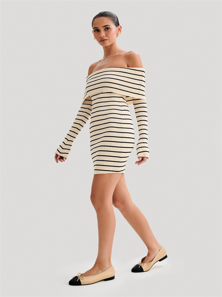 Ootddress Striped Knit Sweater Mini Dress For Women Bandeau Backless Elegant Fashion Summer Contrast Party Dress Knitwear Mini Dress