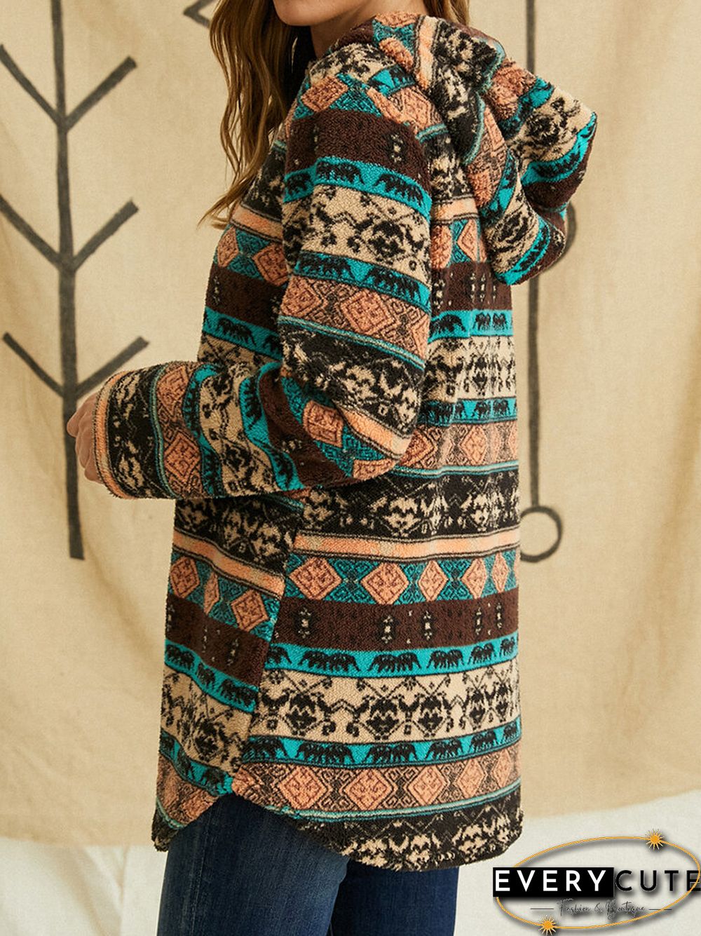 Vintage Ethnic Pattern Print Pocket Hooded Casual Coat for Women