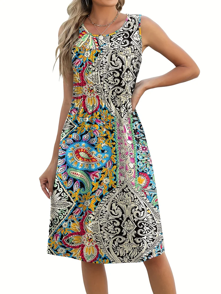 Floral Print Sleeveless Dress, Casual Holiday Round Neck Midi Dress, Suitable For Spring And Summer Women's Clothing