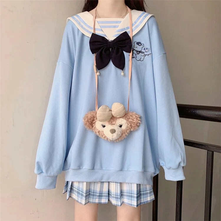 Hoodies and Sweatshirts Women Sweety Kawaii Loose Autumn Winter Hoodies Casual Oversize Pullovers Sailor Collar Bow Sweatshirts