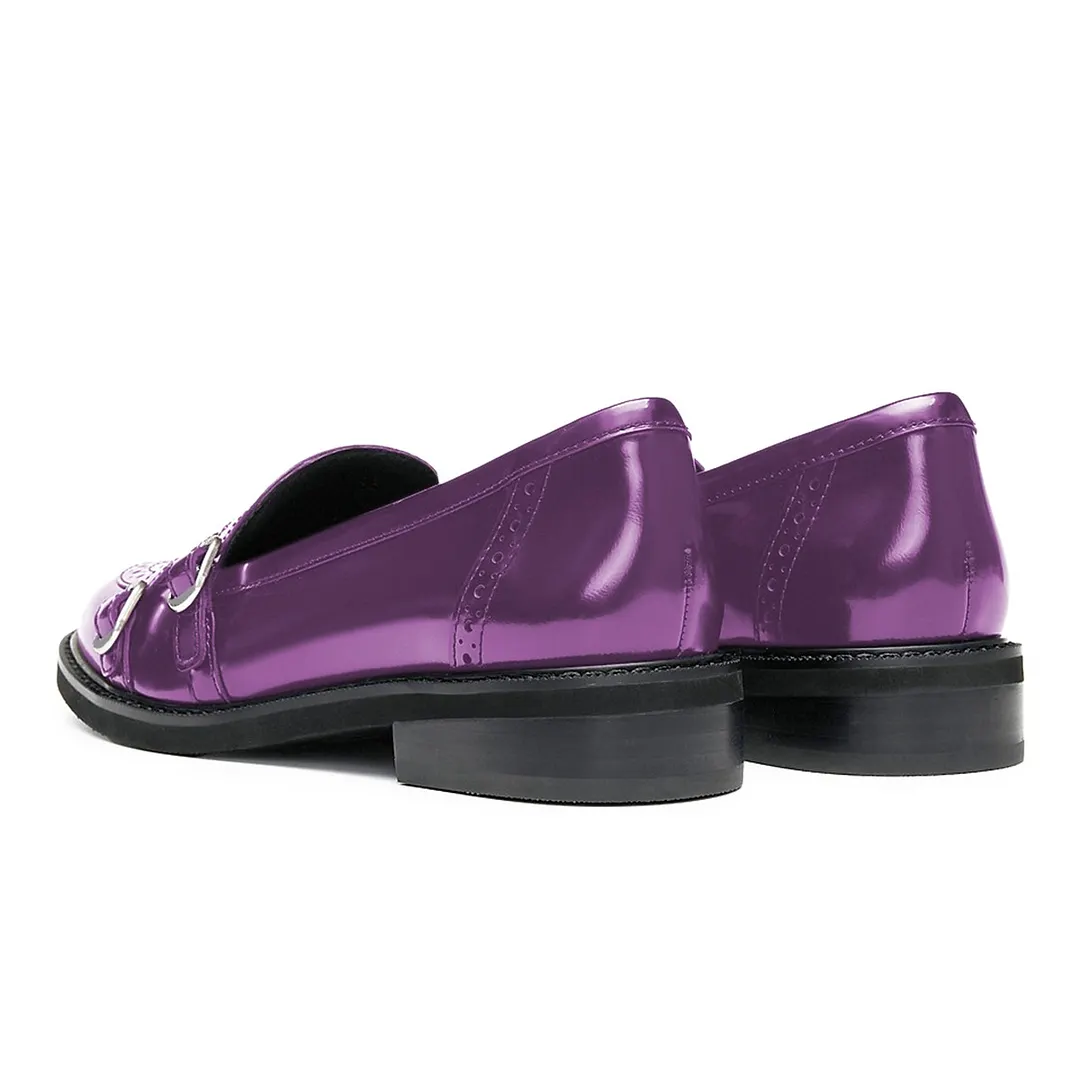 Purple Round Toe Perforated Patterns Women's Loafers with Buckles
