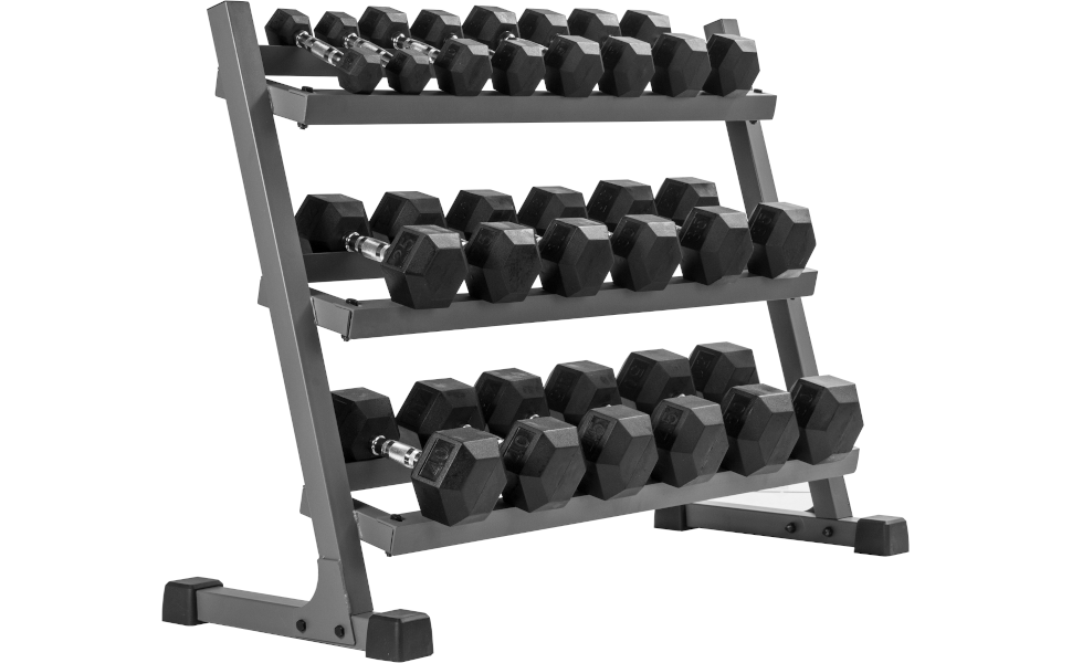 The XMark 3-Tier Dumbbell Rack and 550 lb Rubber Coated Hex Dumbbell Set