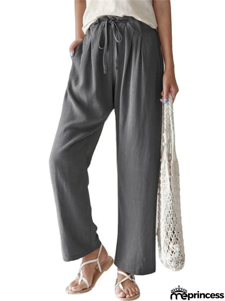 Female Leisure Solid Color Drawstring Linen Cotton Pants