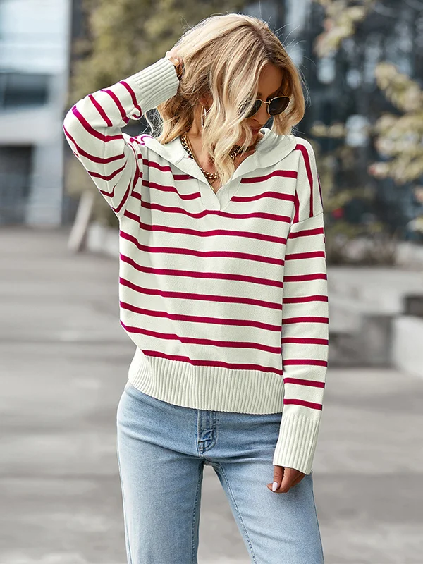 Casual Loose Striped Polo Sweater Top
