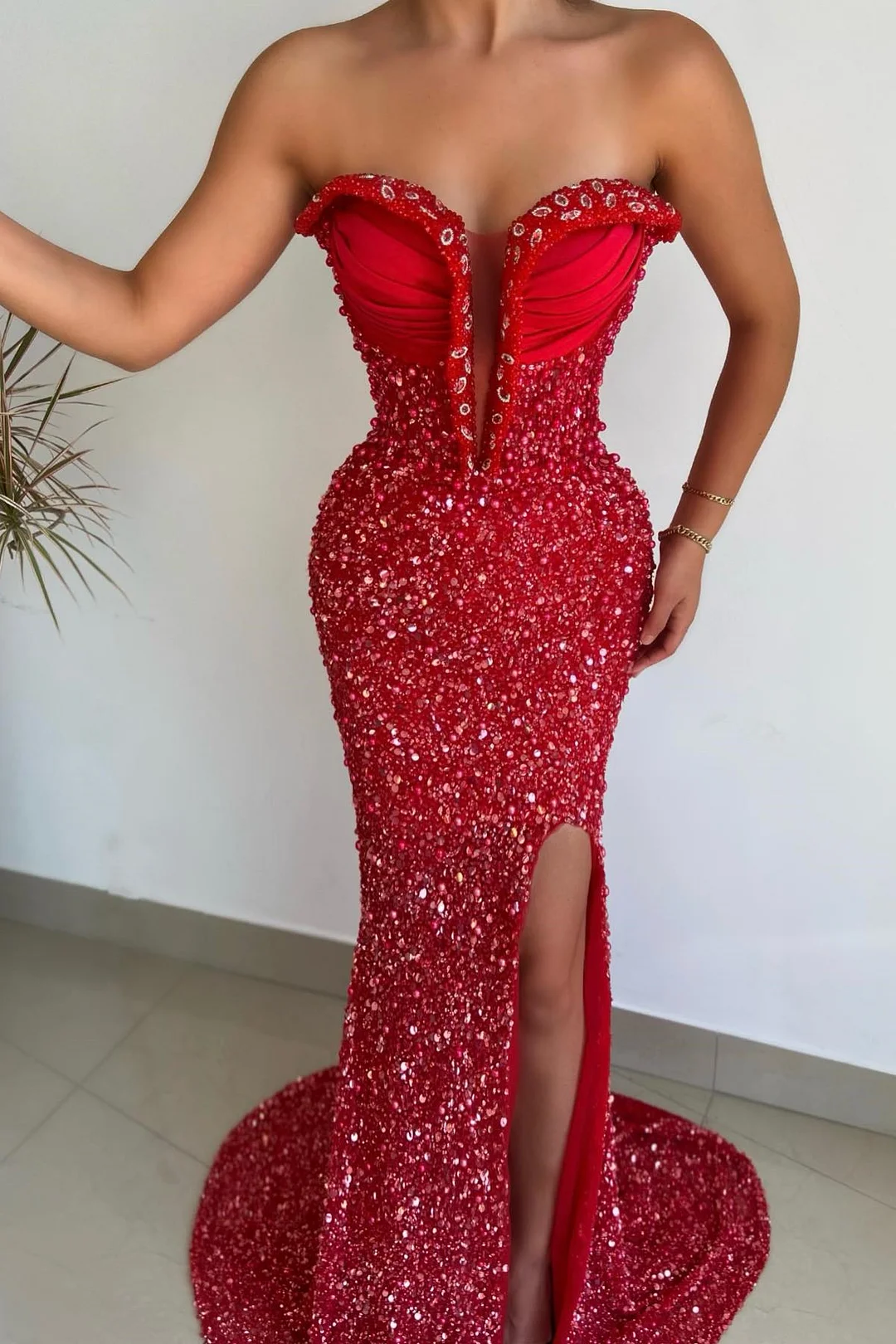 Bellasprom Red Sweetheart Sleeveless Mermaid Prom Dress With Sequins Long Online
