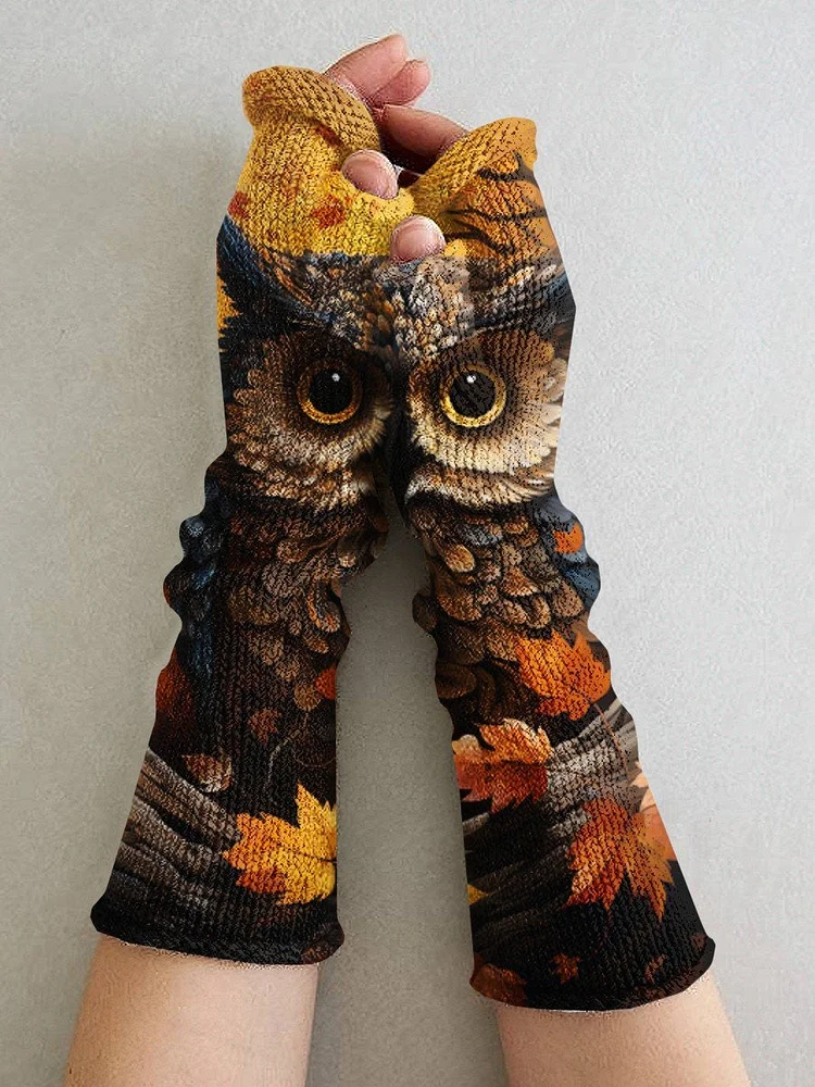 Women's Owl Maple Leaf Art Printing Fingerless Gloves
