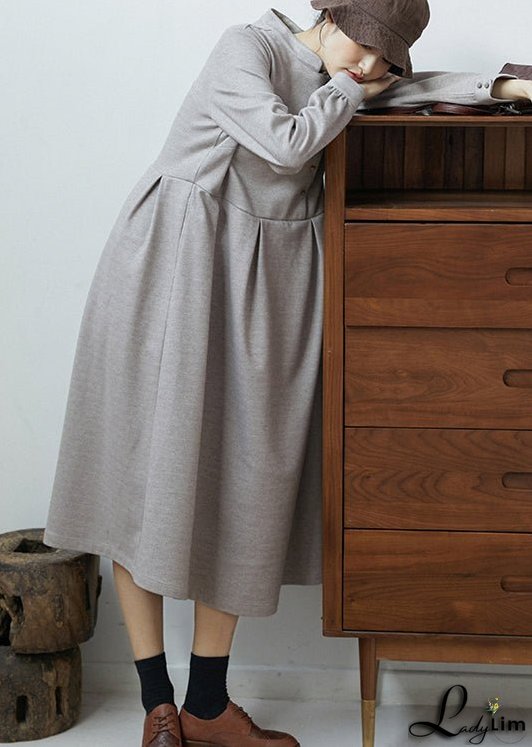 Casual Grey Stand Collar Wrinkled Patchwork Cotton Dresses Fall