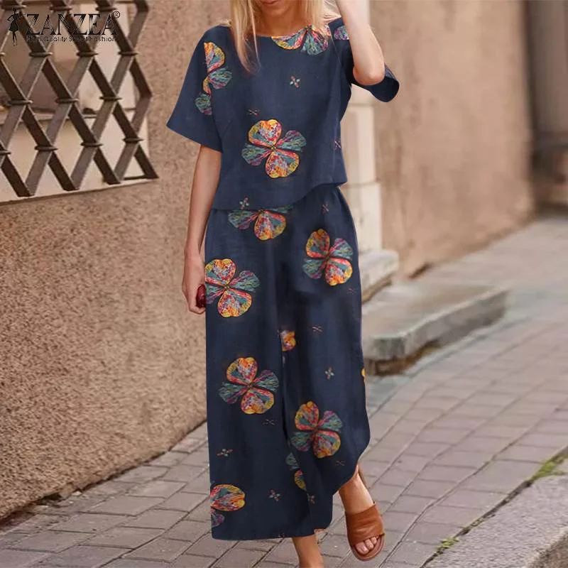 2022 Summer Floral Wide Leg Tracksuits Female Women Casual Cotton Matching Sets ZANZEA Bohemian Printed Short Sleeve Pant Sets