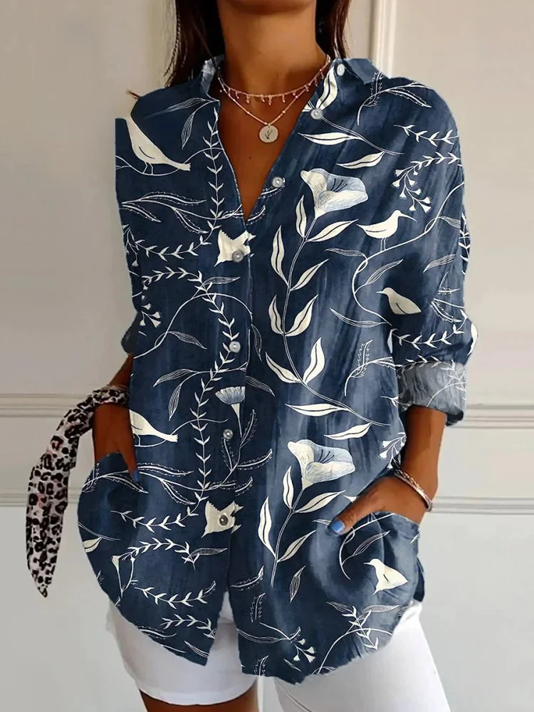 Women's Flower and Bird Art Print Casual Cotton Shirt