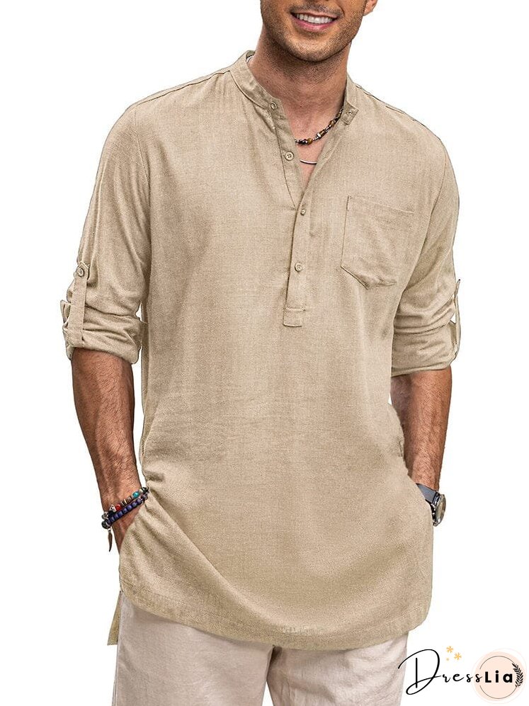 Linen Henley Long Sleeve Shirts with Pocket (US Only)