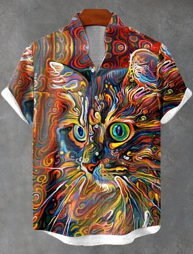 Men's Psychedelic Color Fluid Cat Oil Painting Linen Blend Shirt