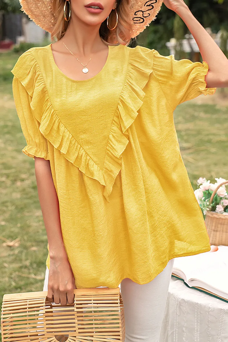 Elegant Solid Split Joint Flounce O Neck T-Shirts
