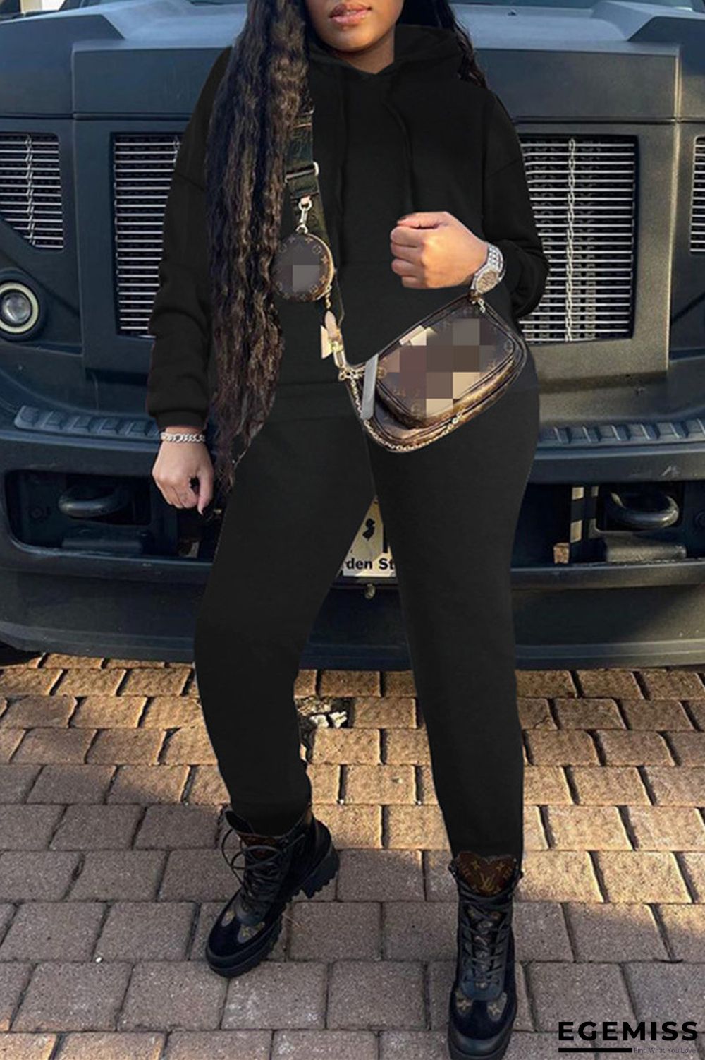 Black Fashion Casual Solid Basic Hooded Collar Long Sleeve Two Pieces | EGEMISS