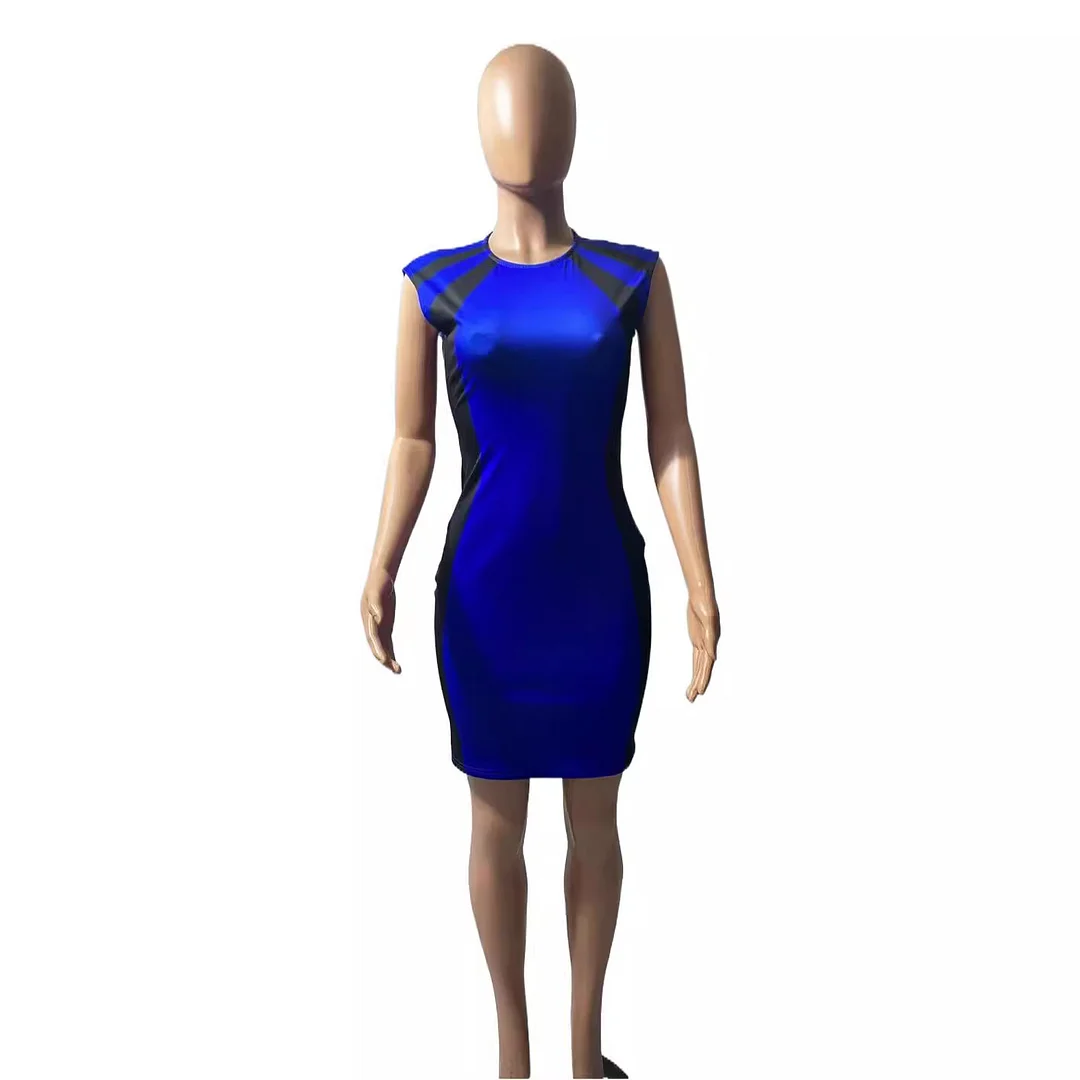 Brownm Brownm 2023 New Women's Summer Contrast Color Sleeveless Round Collar Stitching Zipper Sexy Slim Dress