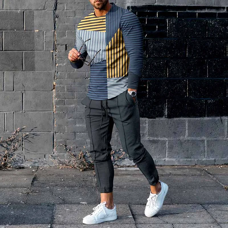 Fashion Stripe Stitching Long Sleeve T-Shirt And Pants Co-Ord