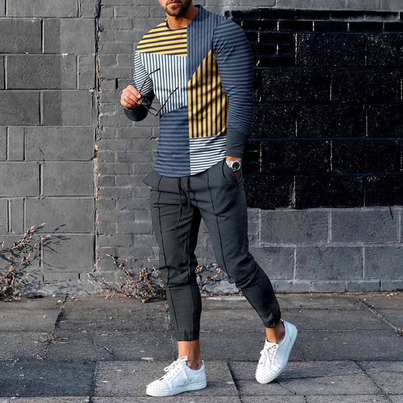 Fashion Stripe Stitching Long Sleeve T-Shirt And Pants Co-Ord