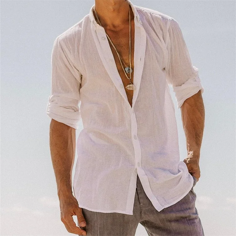 Long sleeve casual cotton linen solid color men's shirt