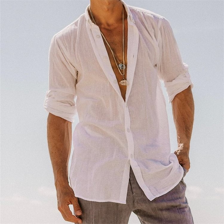 Long sleeve casual cotton linen solid color men's shirt