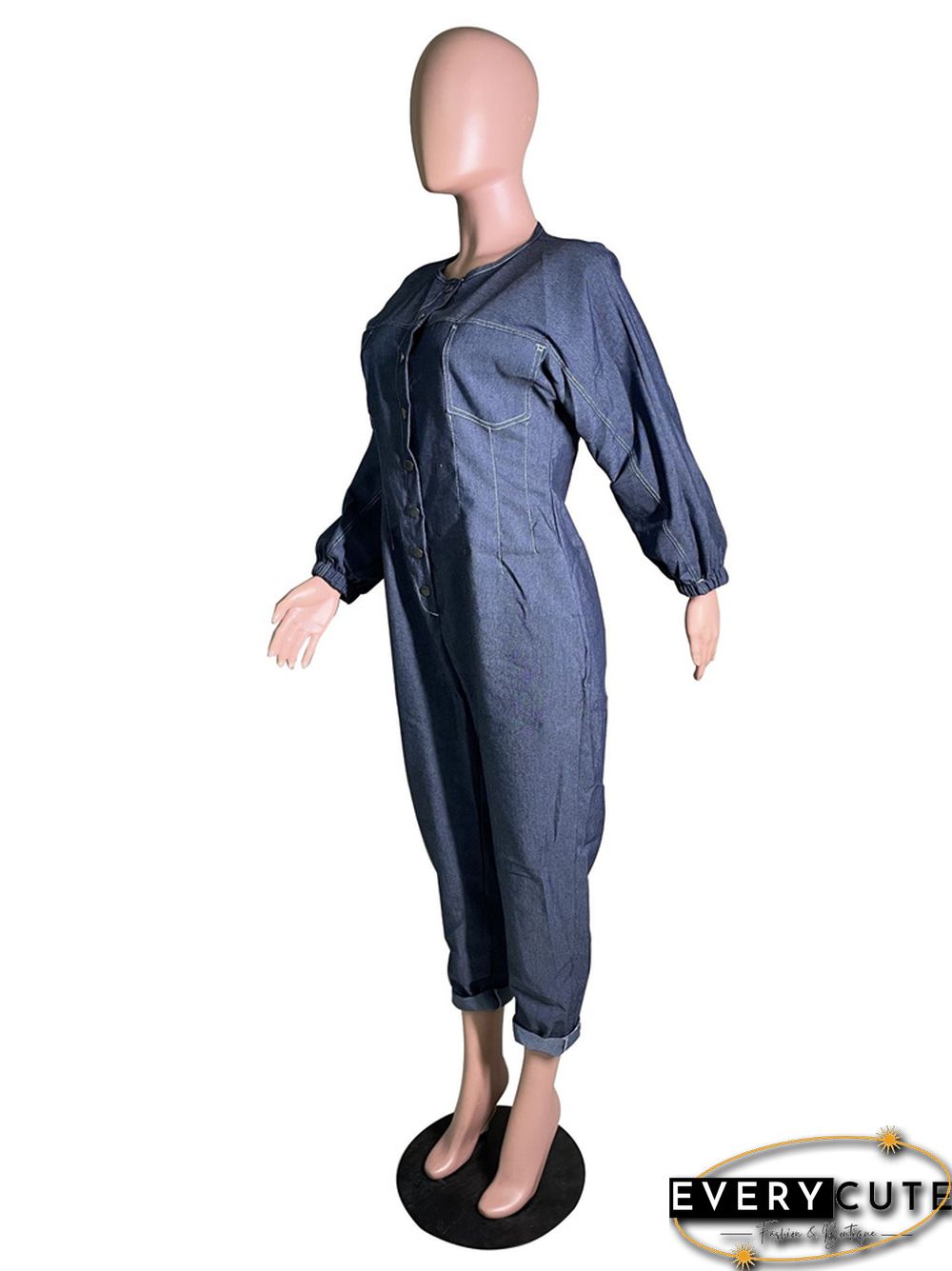 Long Sleeve Pocket Button Loose Denim Jumpsuit