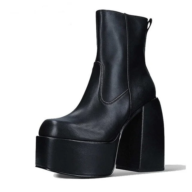 Women's Mid Calf Boots Elastic Microfiber Leather Platform Boots Thick High Heel Demonia Shoes Black Goth Shoes Botas Femininas
