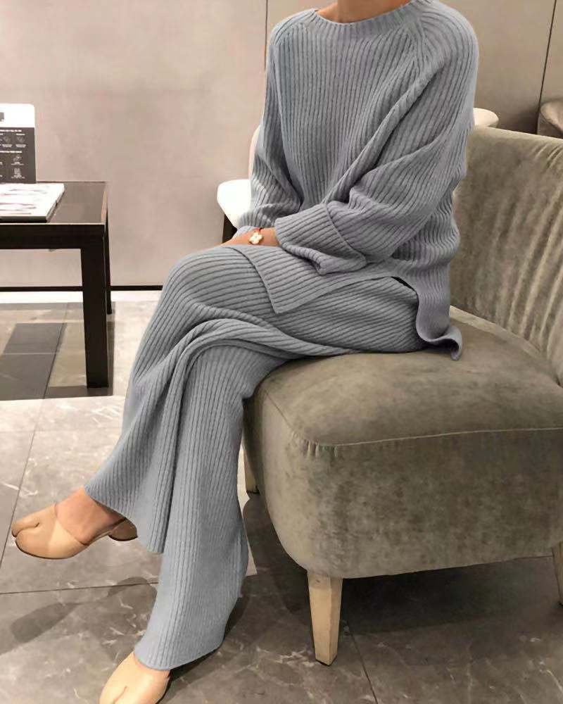 Long-sleeved solid color knitted casual two-piece suit