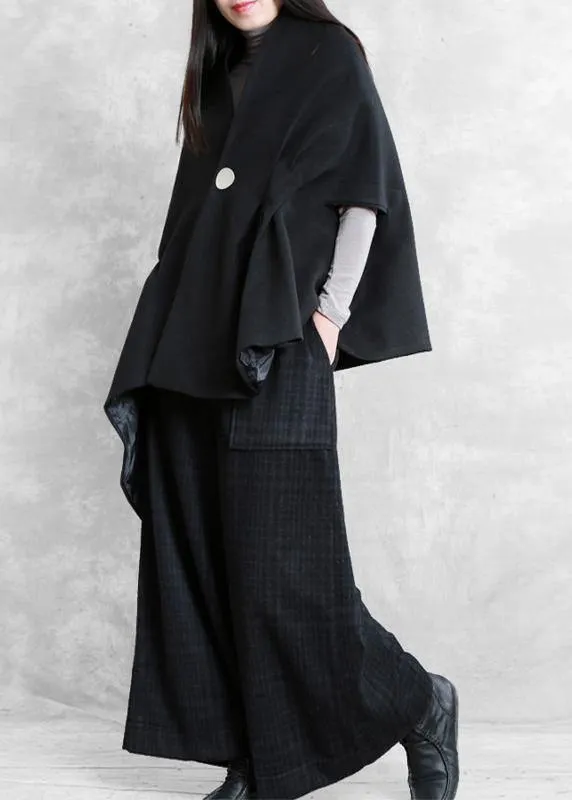 Loose black wool Blouse v neck short asymmetric shirt