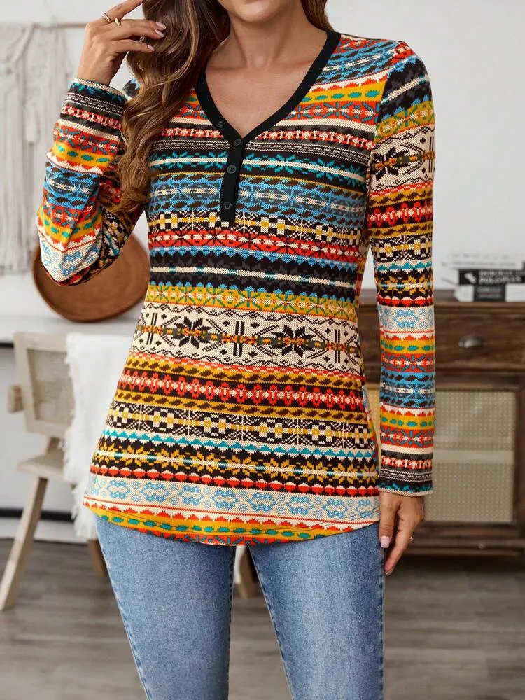 Women's Spring Summer V-Neck Long Sleeve Casual Geometric Print T-Shirt