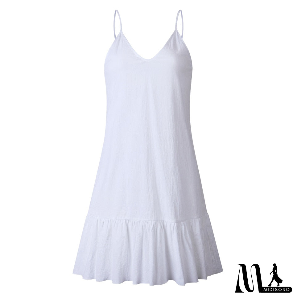 MidiSono - Loose Summer Dress Cotton Sexy White Halter V-neck Ruffled Women Casual Spaghetti Strap Mini beach clothes for women