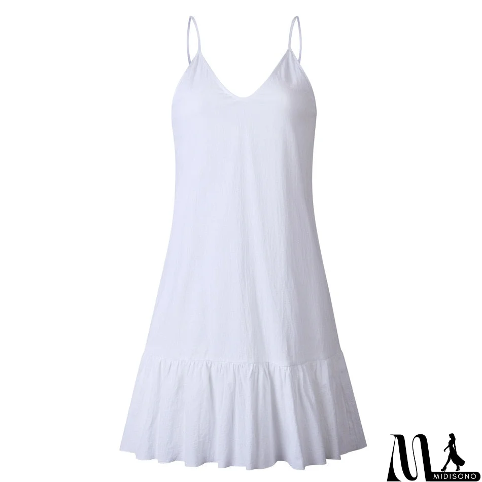 MidiSono - Loose Summer Dress Cotton Sexy White Halter V-neck Ruffled Women Casual Spaghetti Strap Mini beach clothes for women