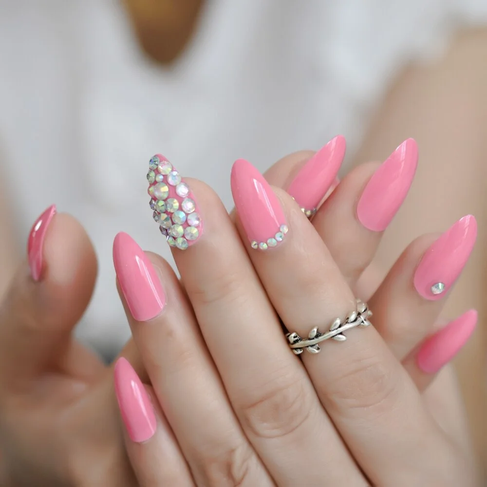 Ombre Glitter Faux Ongles White French Tips Stiletto Custom Deisgner False Nails with Rhinestones Bowknot Decoration-Nail Inspo