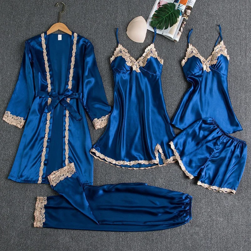Uveng Uveng Pajamas With Thoracic Silk Sexy Slings Gold Five-Piece Set Of Pajamas Thin Homewear