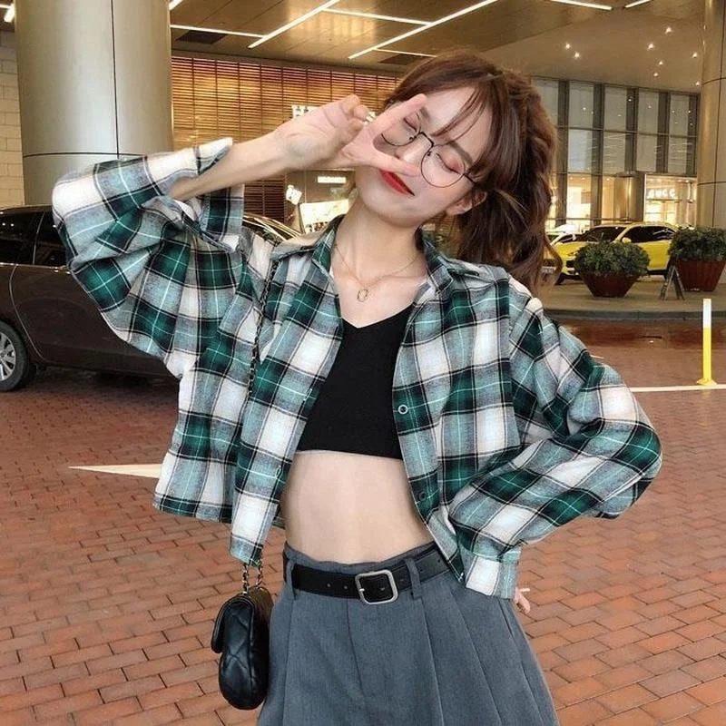 Blouses Shirts Women Plaid Long Sleeve Crop Top All-match Korean Style Leisure Preppy Street Loose Womens Fashion Ins Chic Retro 1026-1