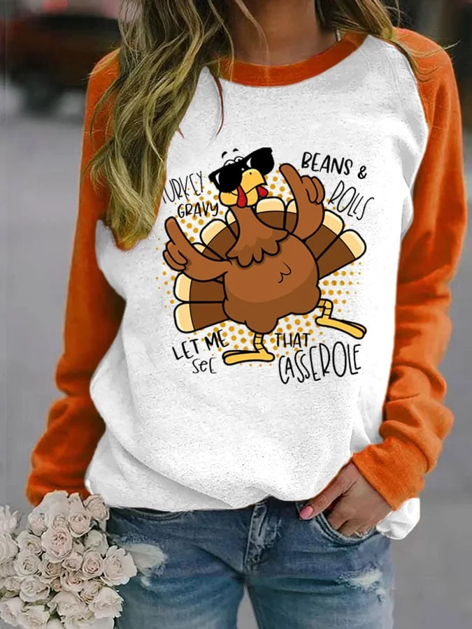 Women's Happy Turkey Day Print Sweatshirt-mysite