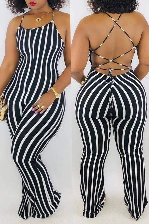 Sexy Striped Lace-up Hollow-out One-piece Jumpsuit(With Elastic)