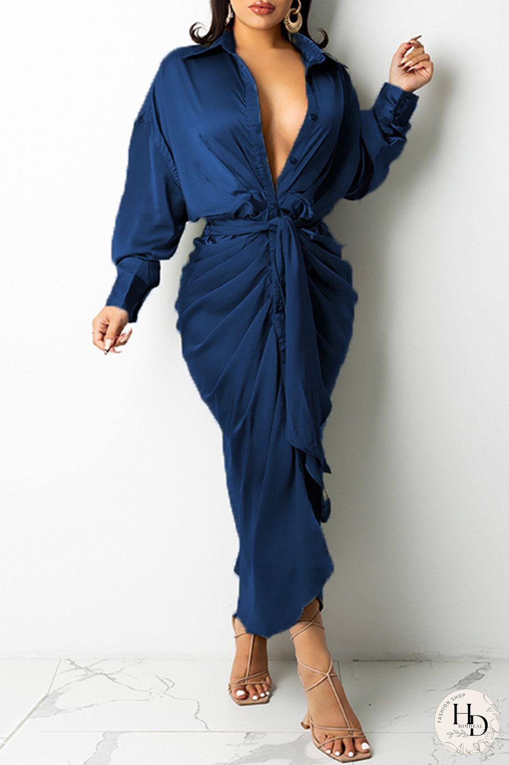 Khaki Fashion Casual Solid Bandage Turndown Collar Long Sleeve Dresses