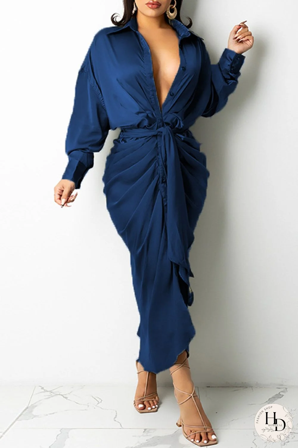 Khaki Fashion Casual Solid Bandage Turndown Collar Long Sleeve Dresses