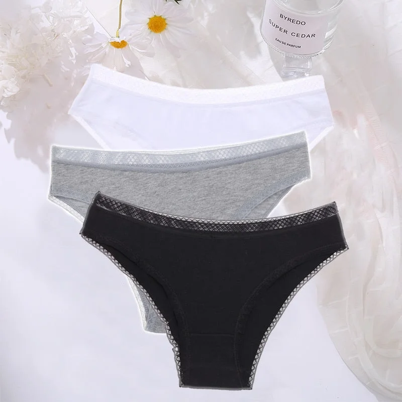 FINETOO 3PCS/Set Cotton Women Mesh Panties Sexy Perspective Lingerie Femme Underwear Girl Underpant Breathable Woman Panty Tanga