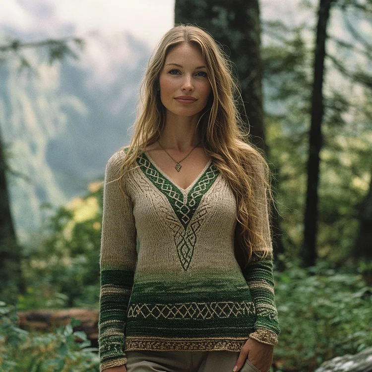 Vintage V-neck Knitted Two-tone Jacquard Gradient Irish Aran Sweater