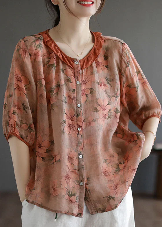 Elegant Orange Ruffled Print Patchwork Linen Shirt Top Summer
