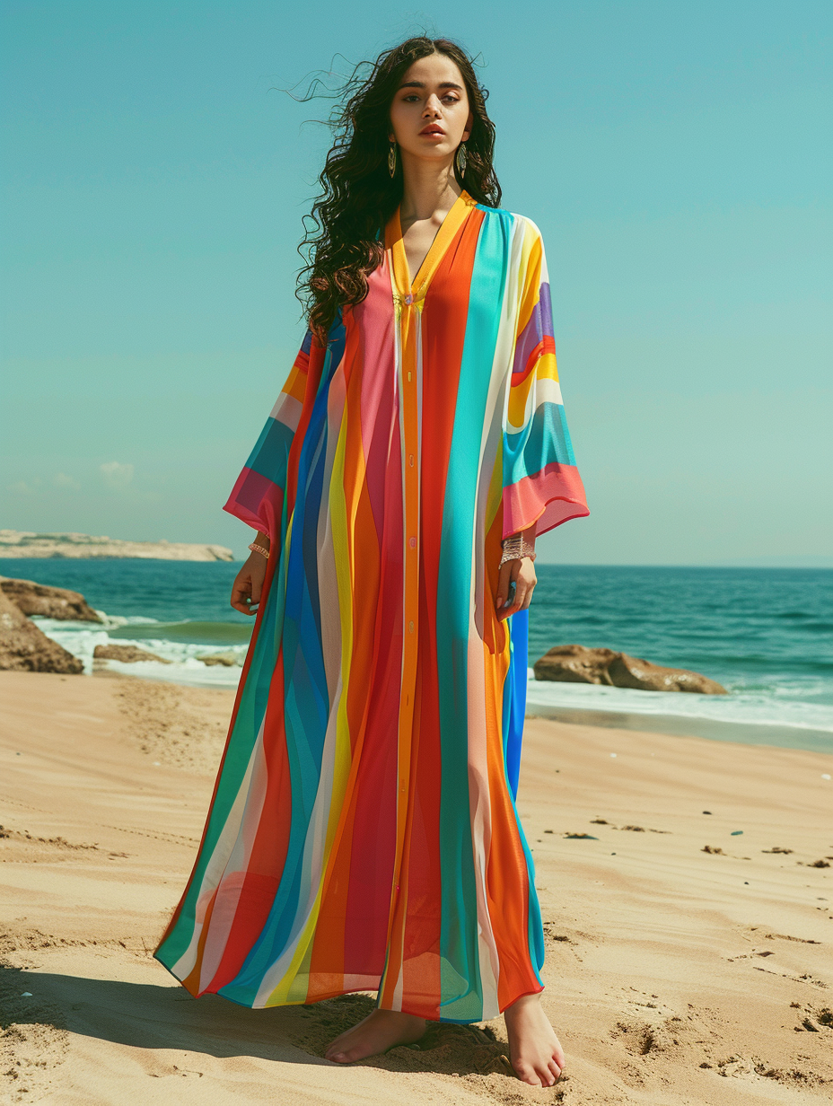 Beach Caftan Rainbow Striped Printed V-Neck Kaftan Dress