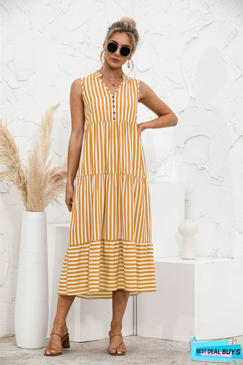 V-Neck Striped Button Stitching Dress